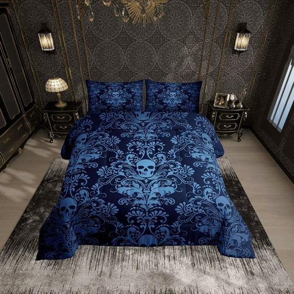 Adults Teal Damask Bedding Set Antique Victorian Baroque Comforter Set Twin Size,Gothic Vintage Floral Quilt Exotic Sugar Skull Duvet Insert,Gothic Bone Skeleton Bohemian Decor,Blue