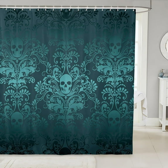 Adults Turquoise Damask Bath Curtain Antique Victorian Baroque Fabric Shower Curtain 72" Wx84 L,Vintage Floral Exotic Sugar Skull Bathroom Decor,Gothic Bone Skeleton Bohemian Decor,Green