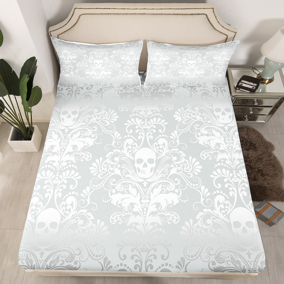 Adults White Damask Bed Sheets Antique Victorian Baroque Fitted Sheet
