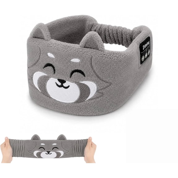 Adults Wireless Headphones, Fleece Headband, 90 dB Volume Limited Over Ear Thin Speakers, Soft Washable Sleep Mask for Travel and Home,raccoon