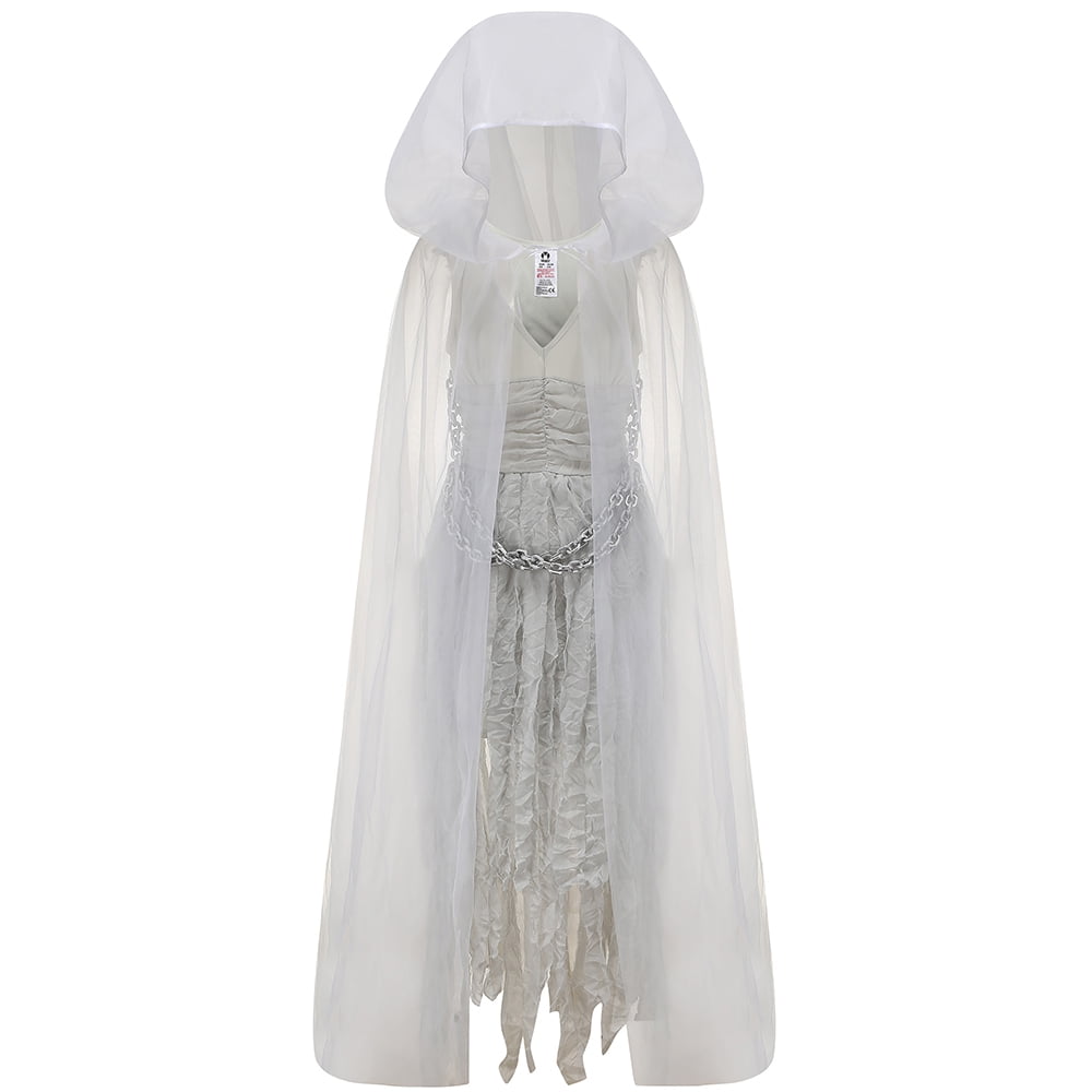 Adult Women's Ghost Bride Costume, Halloween Fancy Dress & Hooded Cape ...