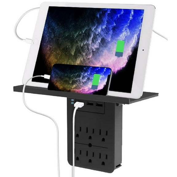 Aduro Shelf Wall Surge Protector with 6 Outlet & 3 USB Ports Black