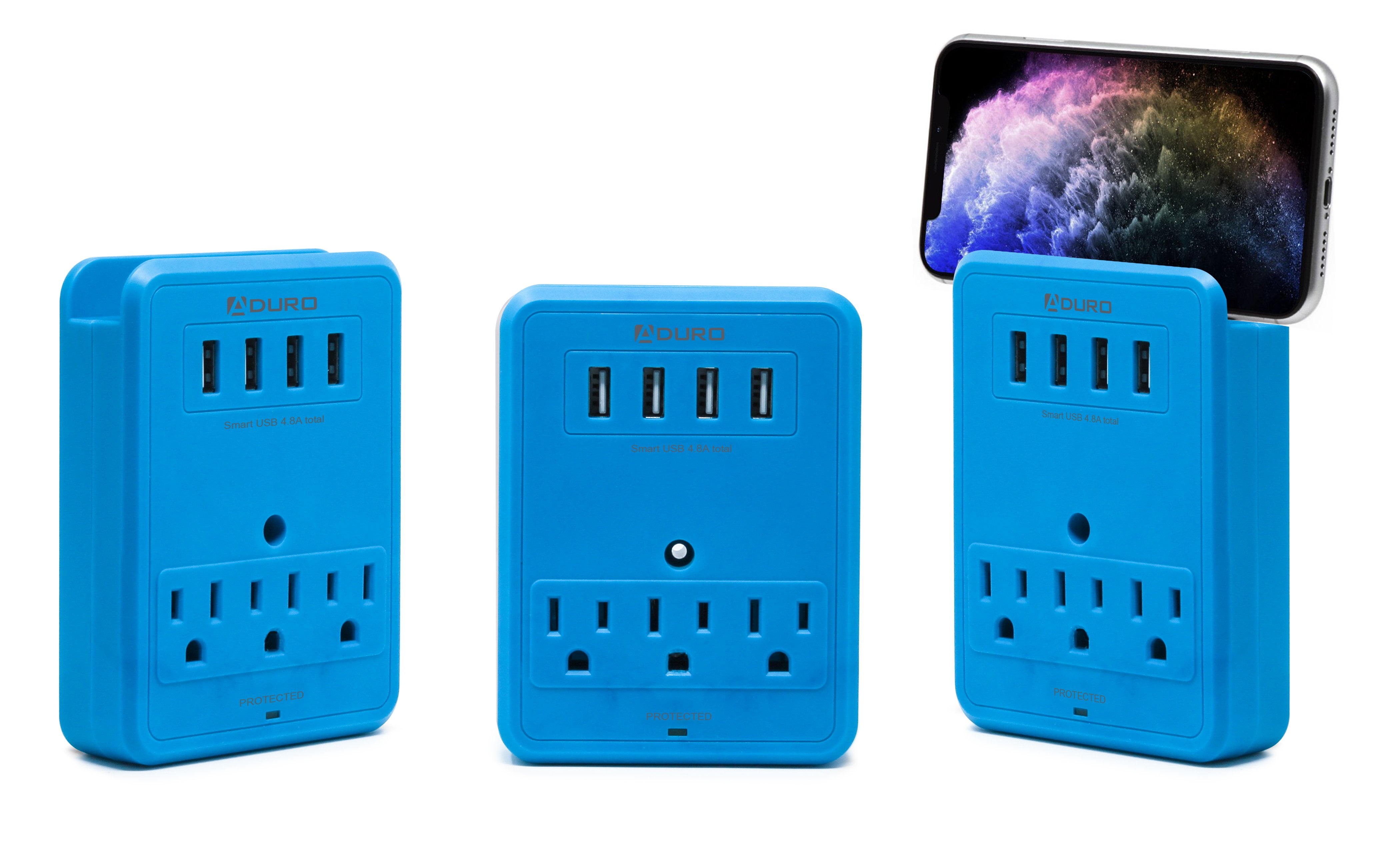 Aduro Surge Protector 3 Outlets Power Strip Station with USB (4 Ports 4.8A) Wall Mount Multiple Outlet Splitter Extender Adapter with Phone Shelf Stand Blue
