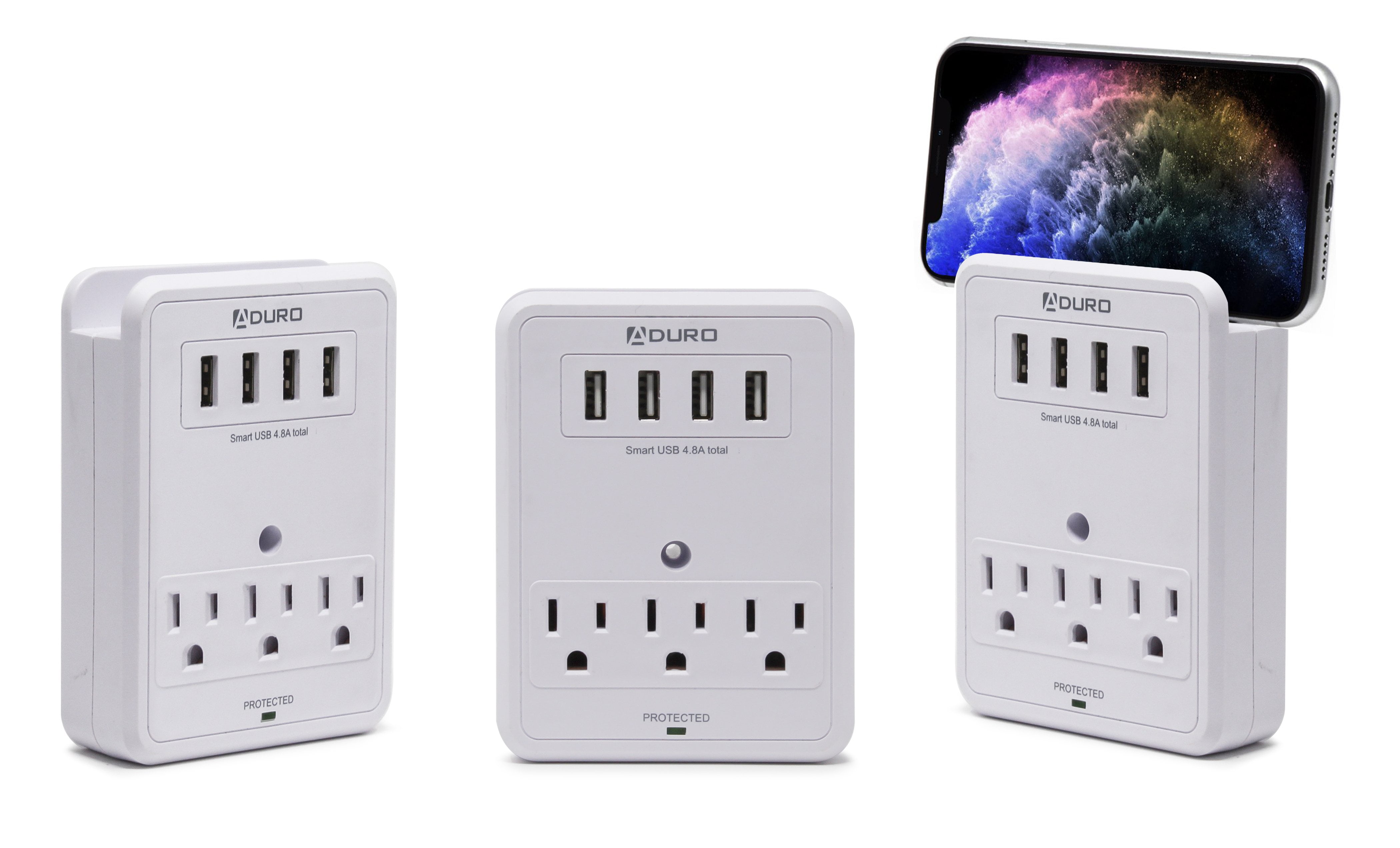 Aduro Surge Protector 3 Outlets Power Strip Station with USB (4 Ports 4.8A) Wall Mount Multiple Outlet Splitter Extender Adapter with Phone Shelf Stand White