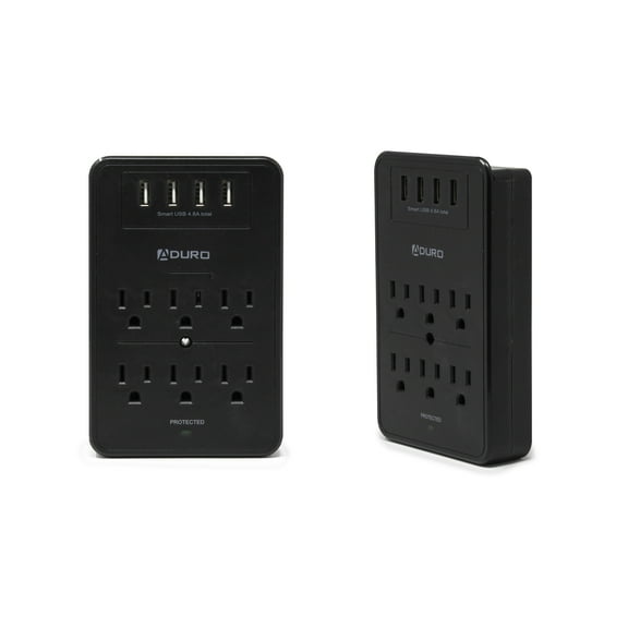 Aduro Surge Protector 6 Outlets Power Strip Station with USB (4 Ports 4.8A) Wall Mount Multiple Outlet Splitter Extender Adapter with Phone Shelf Stand ETL Listed Black