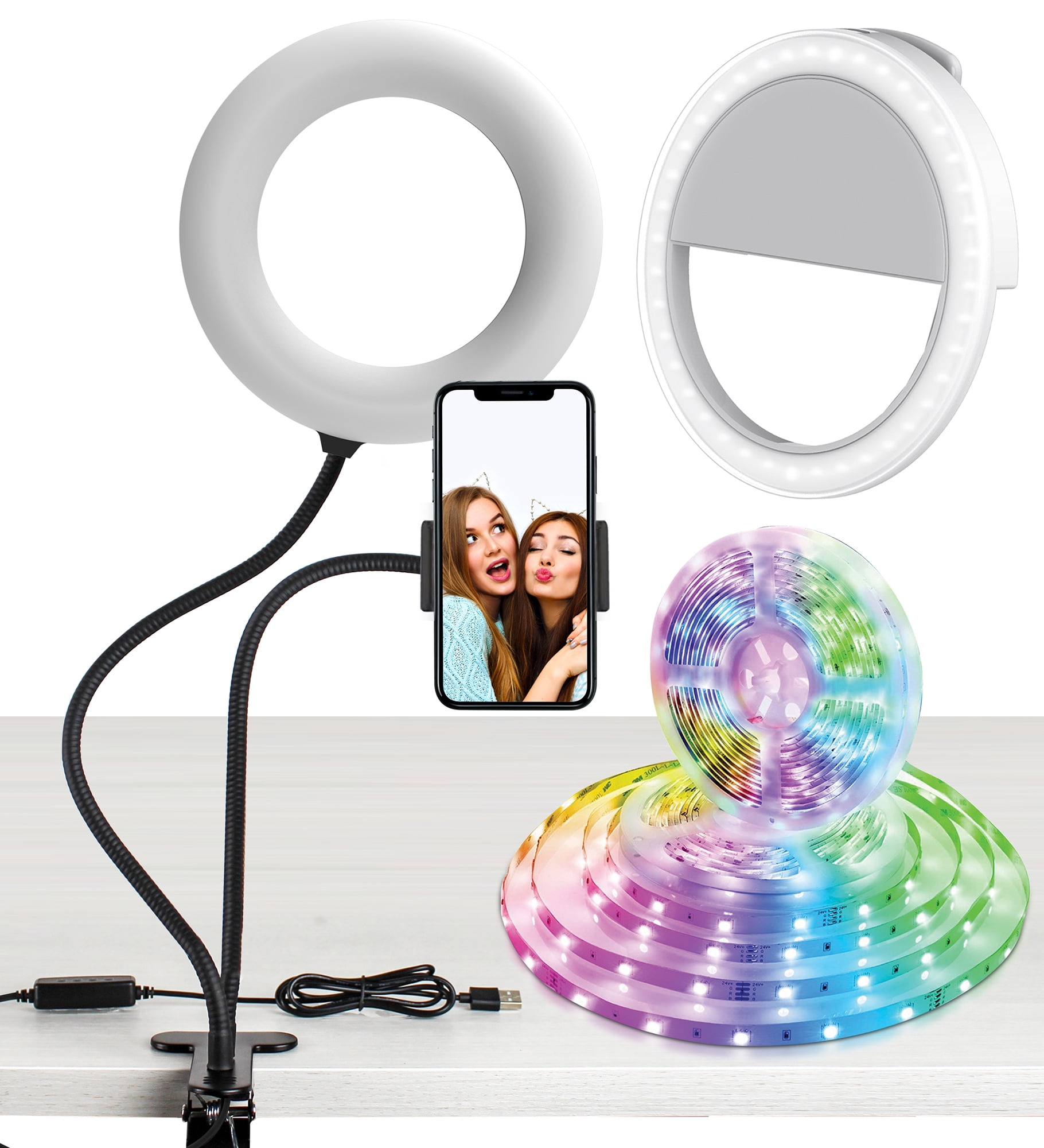 Aduro U-Stream 3-in-1 Studio Kit, LED Ring Light Stand, Clip on Selfie Light & 6ft Strip Lights