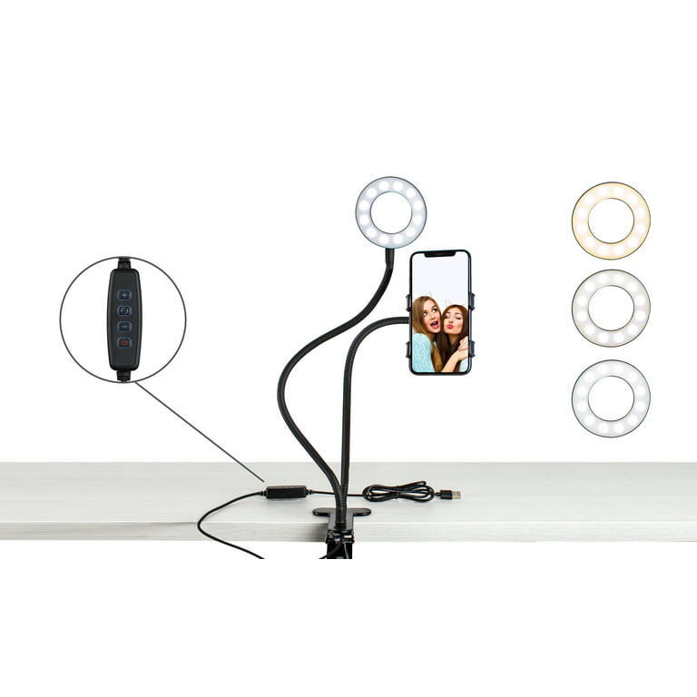 Aduro U-Stream Selfie Ring Light with 24” Gooseneck Stand & Cell Phone  Holder, Social Media Influencer Live-Streaming Phone Mount and Light Kit  Black 