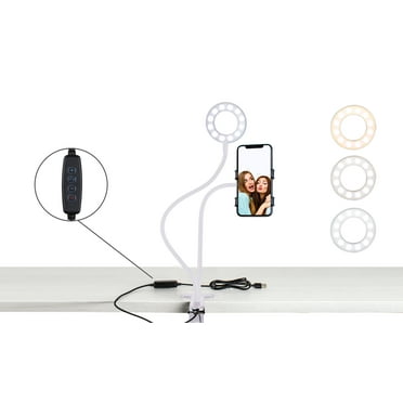 Aduro U-Stream Selfie Ring Light with 24” Gooseneck Stand & Cell Phone Holder, Social Media Influencer Live-Streaming Phone Mount and Light Kit White