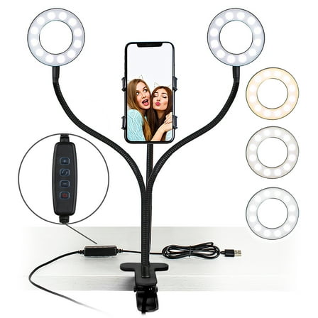 Aduro U-Stream Selfie Ring Light with Stand, Twin Dual Ring Lights with Flexible Gooseneck Phone Holder Arm Stand for iPhone and Android Black