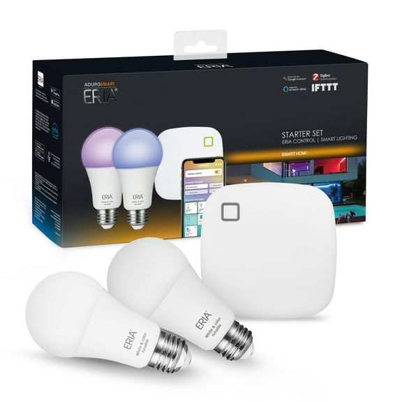 AduroSmart ERIA Colors and White Shades Smart A19 Starter Kit, 60W Equivalent, Hub Included, 2 Bulbs
