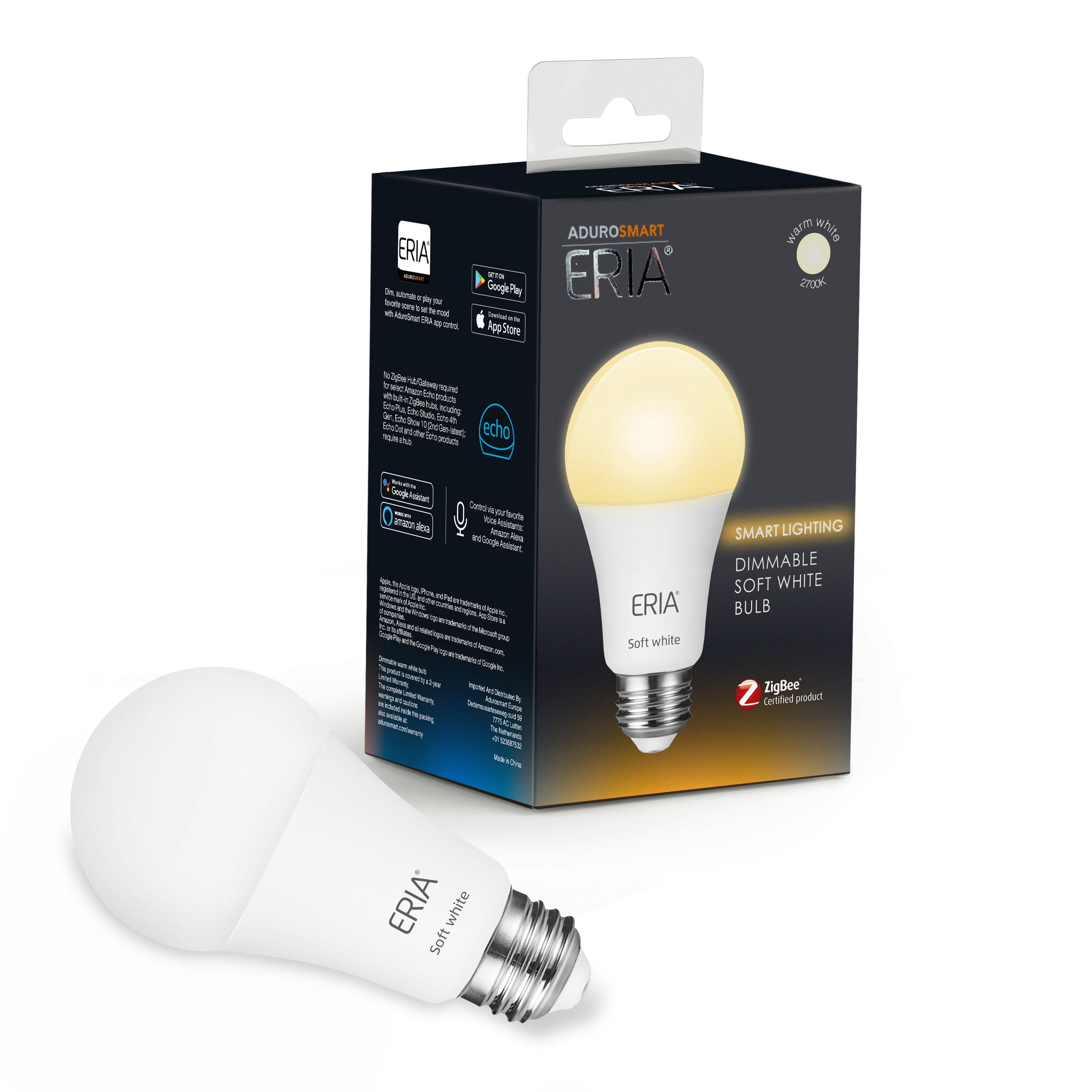 AduroSmart ERIA Soft White Smart A19 Light Bulb CRI 90+, 60W Equivalent, Hub Required