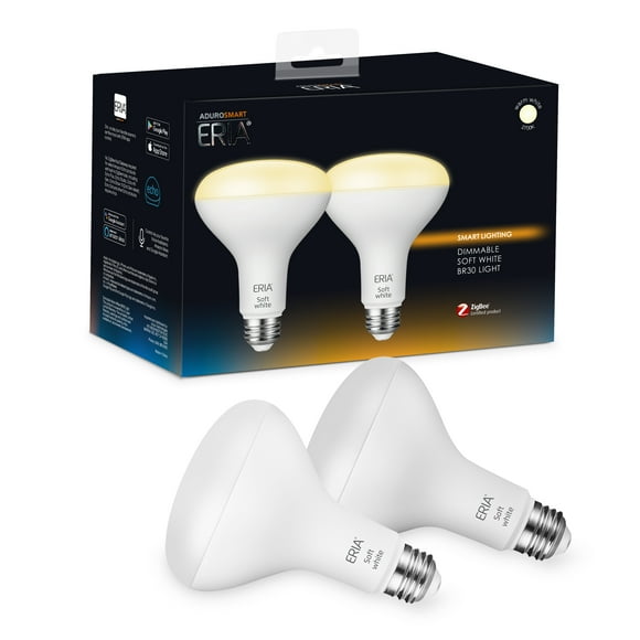 AduroSmart ERIA Soft White Smart BR30 Light Bulb CRI 90+, 65W Equivalent, Hub Required (2-Pack)