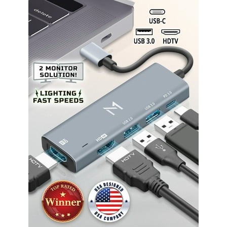 Adv Tech 5-in-1 Docking Station for Multiple Devices & Monitors, Latest Specs Supported w/ 2 USB 2.0, 1 PD 3.0, Universal Multiport Dock w/ C Dongle by Mata1 (US Company)