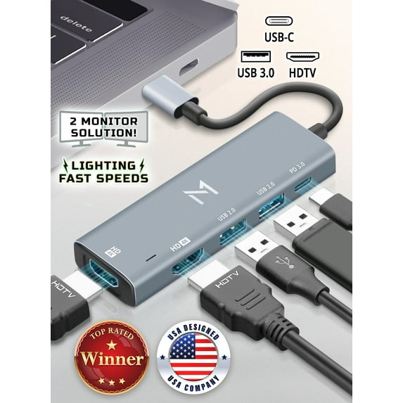 Adv Tech 5-in-1 Docking Station for Multiple Devices & Monitors, Latest Specs Supported w/ 2 USB 2.0, 1 PD 3.0, Universal Multiport Dock w/ C Dongle by Mata1 (US Company)