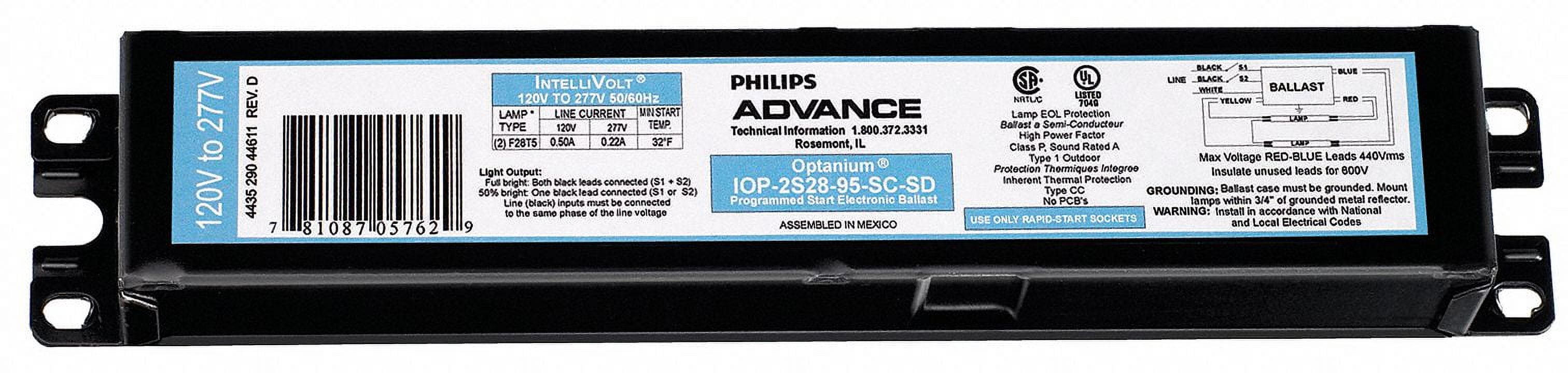 Advance IOP2S2895SCSD Fluorescent Ballast, 2Lamp, F28T5, 28W T5