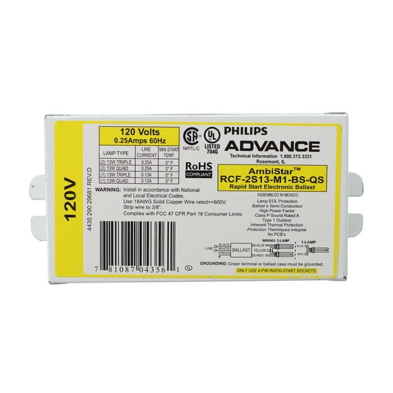 Advance RCF-2S13-M1-BS-QS Electronic Fluorescent Ballast, 2-Lamp, CFL Triple Quad 13W, 120V