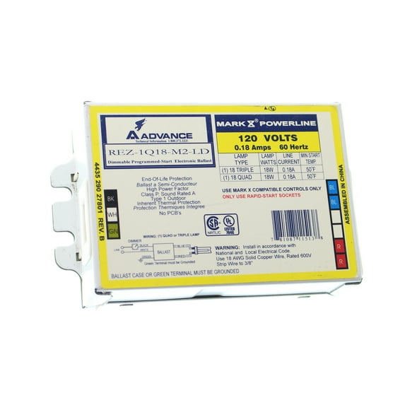 Advance REZ-1Q18-M2-LD Fluorescent Dimming Ballast, 1-Lamp, CFL Triple Mark-10, 18W, 120V