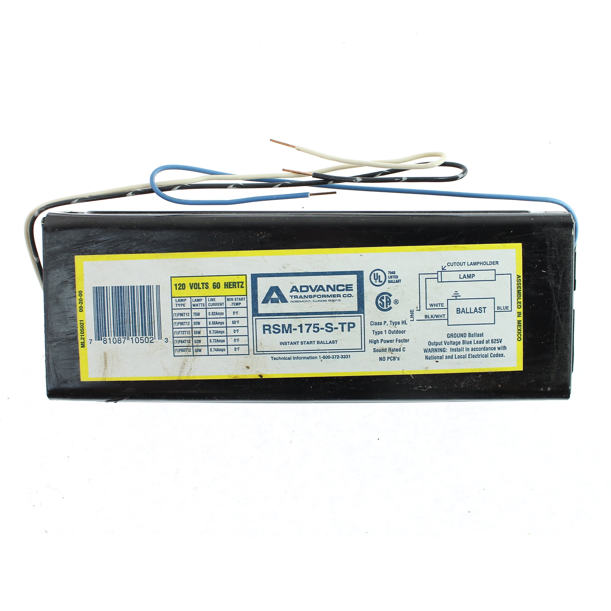 Advance RSM175STP (1) Lamp F96T12 120V Instant Start 0.95 Ballast Factor 120V