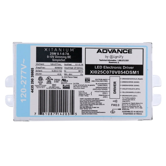 Advance XI025C070V054DSM1 Xitanium 0-10V Dimming LED Driver, 25W, 54Vdc, 120/277V