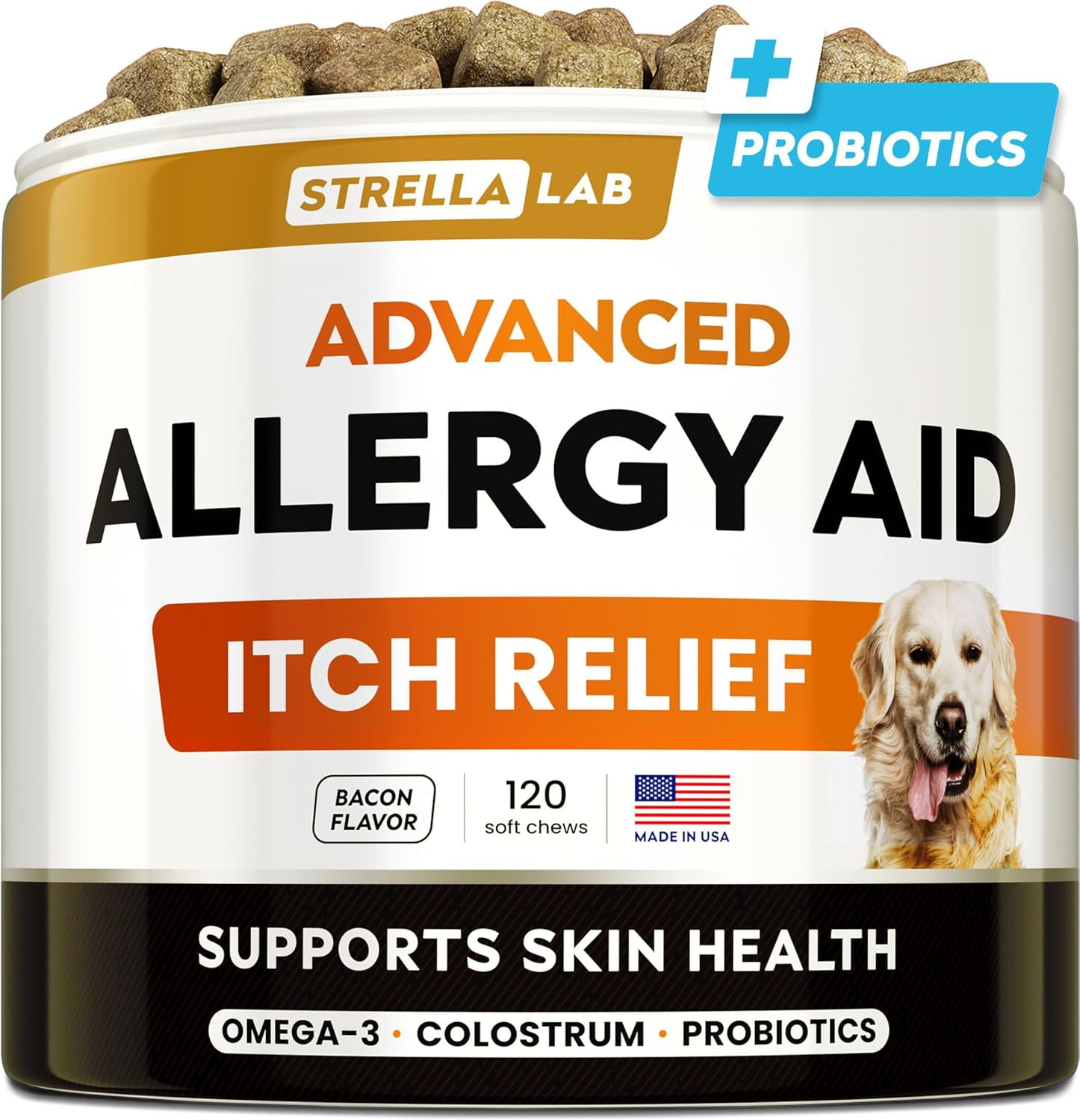 Bark&Spark Allergy Relief Chews for Dogs - Fish Oil Omega-3 & Probiotics - Itchy Skin, Hot Spots & Immune Support - Bacon Flavor