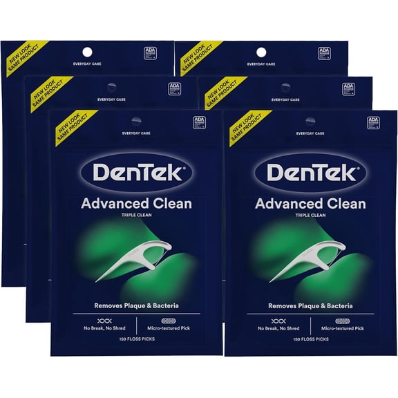 Advanced Clean Floss Picks with No Break & Shred Dental Floss, Plaque Remover, 150 Count, Pack of 6