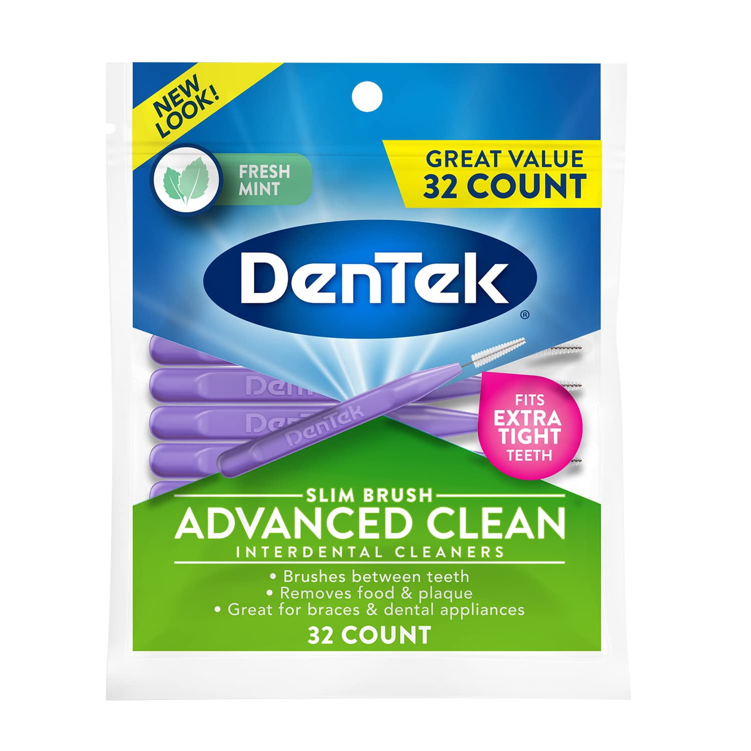 Advanced Clean Slim Brush Interdental Cleaners, Extra Tight Between Teeth Brushes, Plaque Removal, Dental Picks for Oral Care, Fresh Mint Mouthwash Blast, 32 Count (Pack of 4)