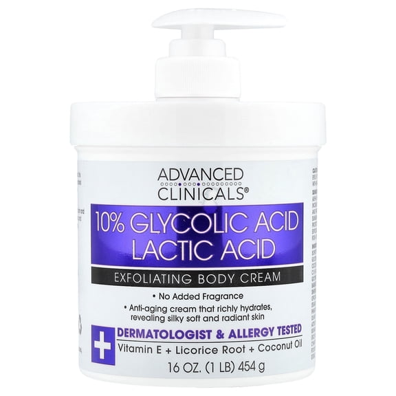 Advanced Clinicals 10% Glycolic Acid + Lactic Acid Lotion Exfoliant Moisturizing Cream With Hyaluronic Acid Moisturizer | AHA Exfoliating Body Cream Improves Look Of Uneven Rough Skin Texture, 16 Oz