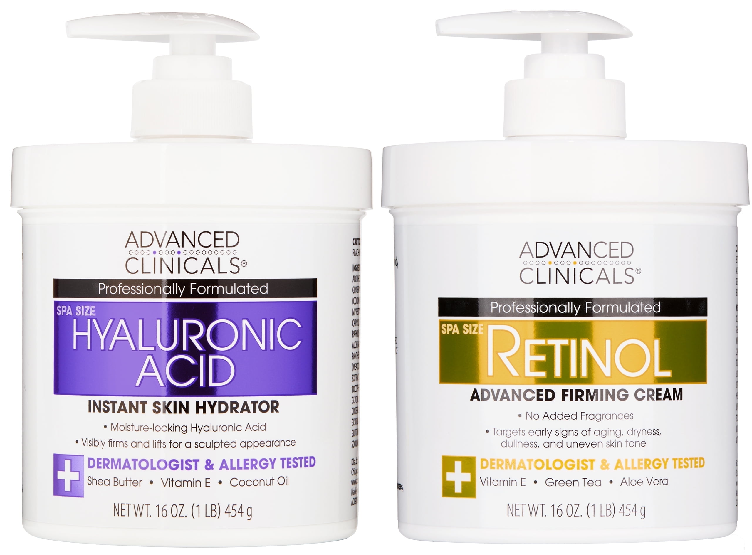 Advanced Clinicals Anti Aging Firming Retinol Body Cream and Hydrating Hyaluronic Acid Cream Set. Two 16 fl oz