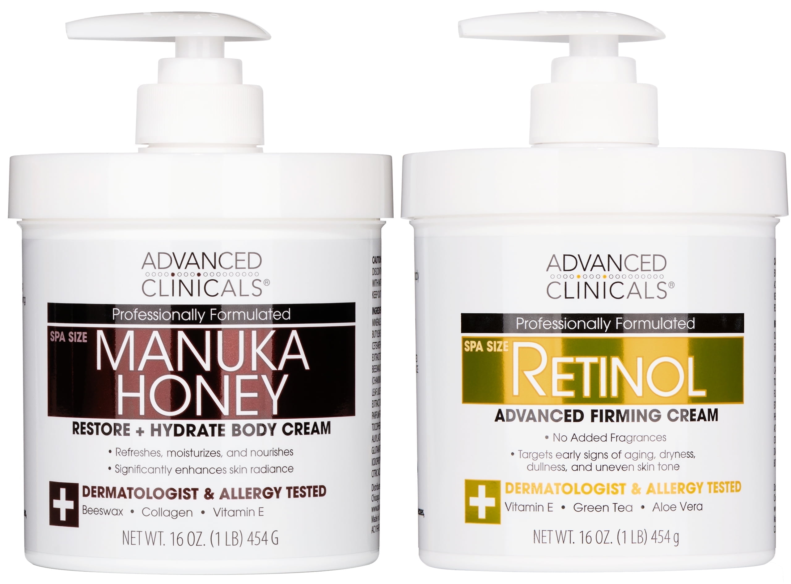 Advanced Clinicals Anti Aging Retinol Body Cream + Manuka Honey Cream for Dry Skin. Set of Two 16 fl oz