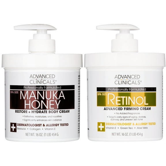 Advanced Clinicals Anti Aging Retinol Body Cream   Manuka Honey Cream for Dry Skin. Set of Two 16 fl oz