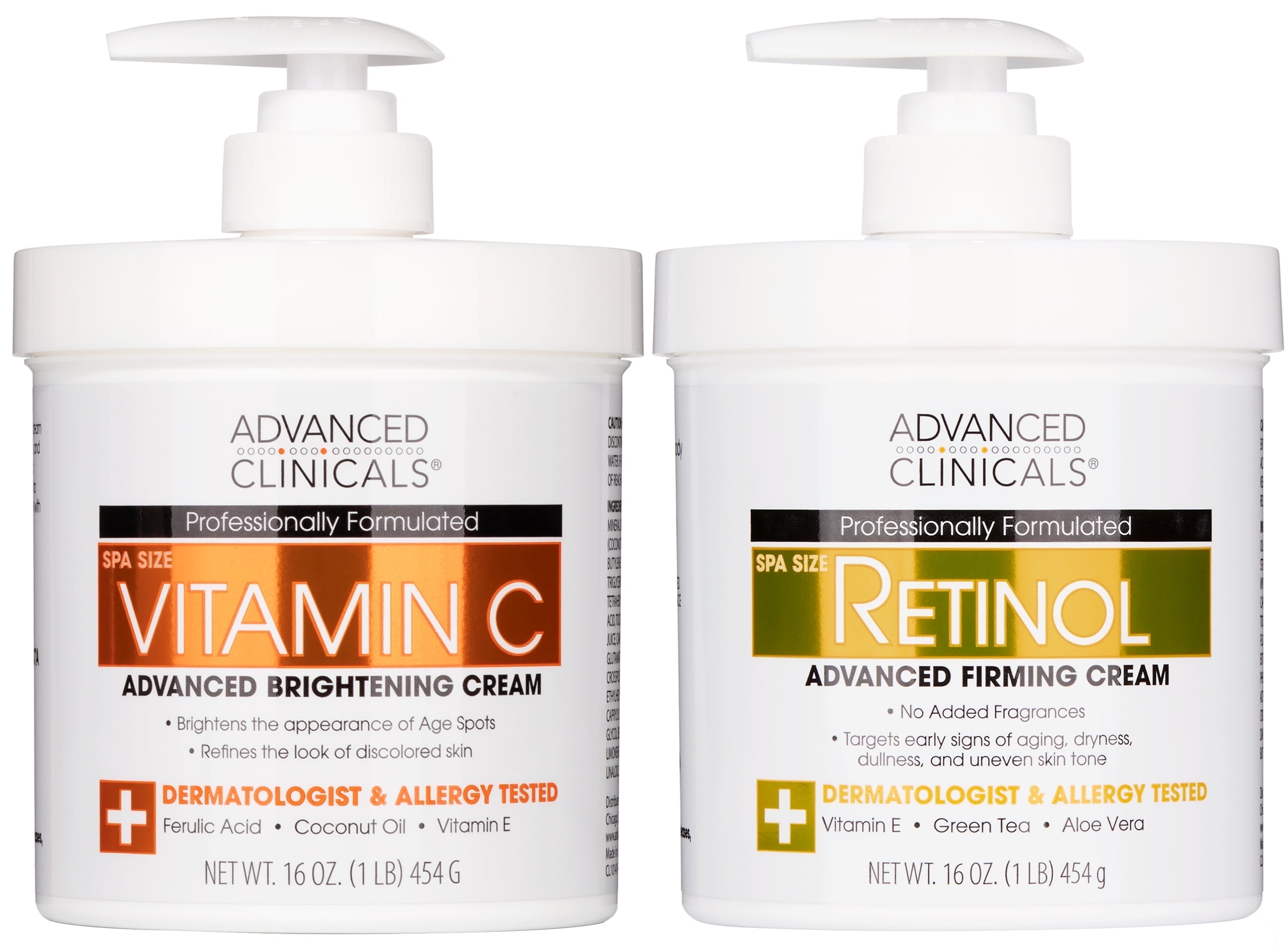 Advanced Clinicals Anti Aging Retinol Cream + Brightening Vitamin C Body Cream. Two 16 fl oz