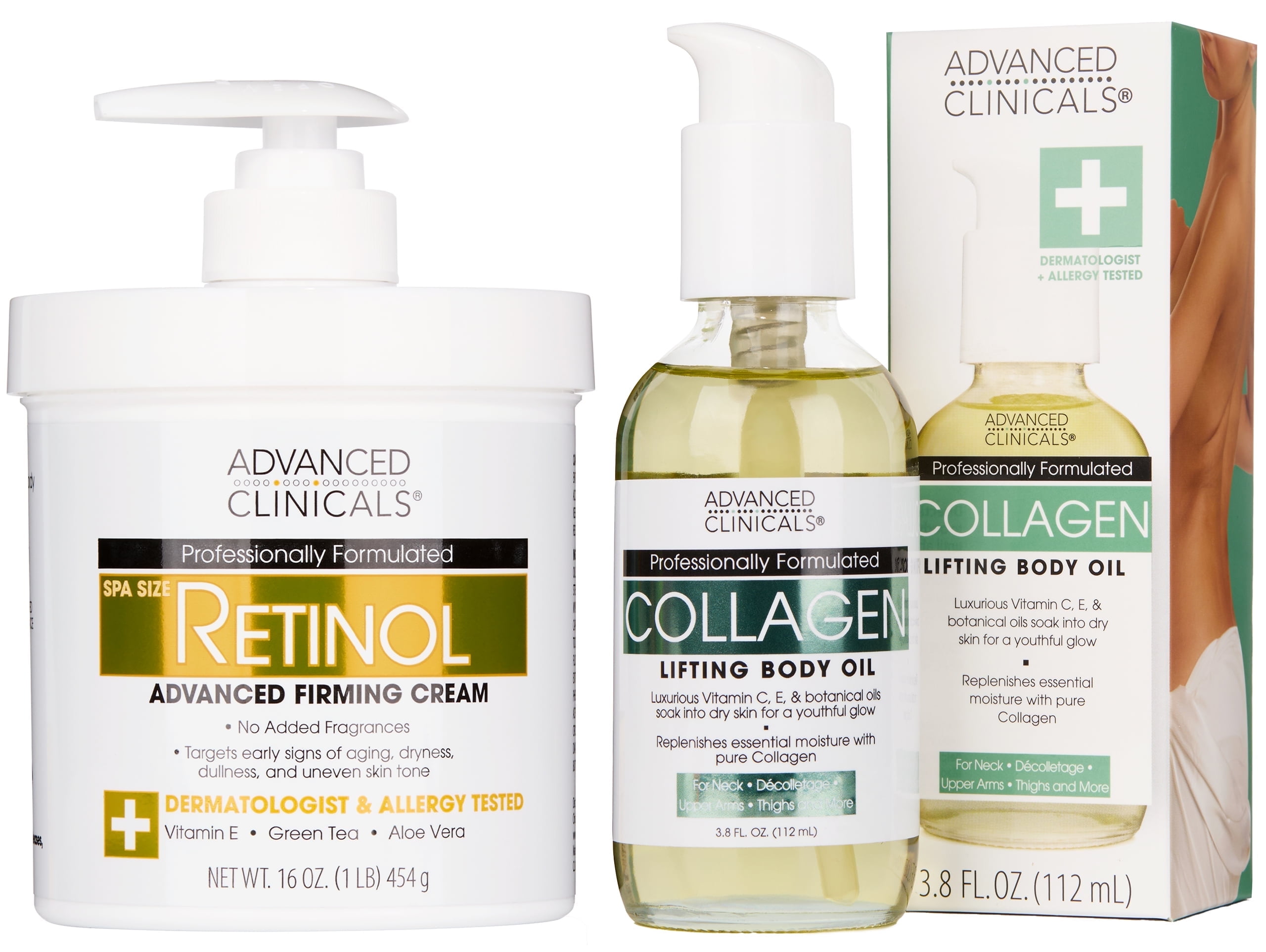 Advanced Clinicals Collagen Body Oil + Anti Aging Retinol Body Cream. Set of Two.