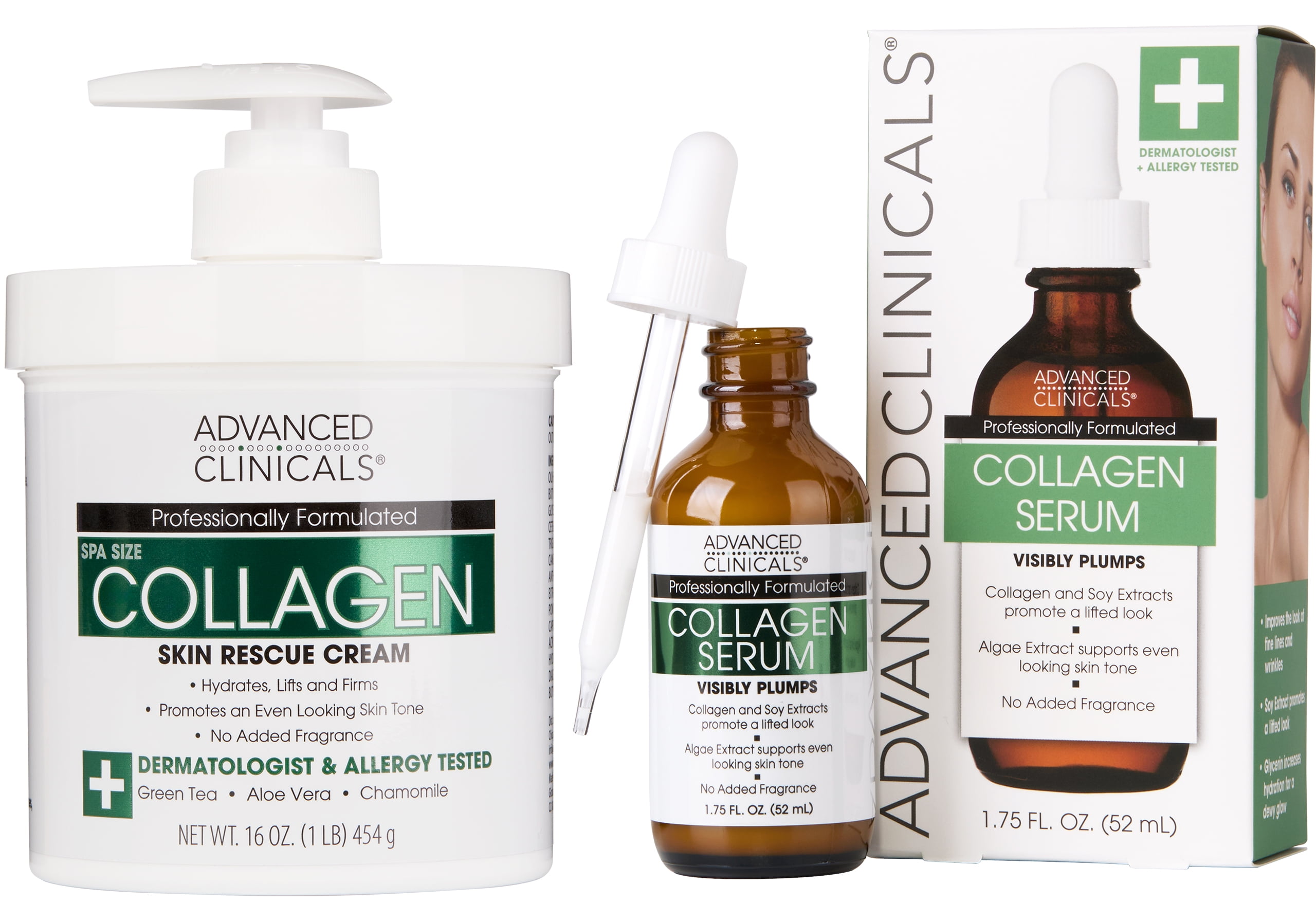 Advanced Clinicals Collagen Skin Care Set - Moisturizing Body Cream & Face Serum Bundle
