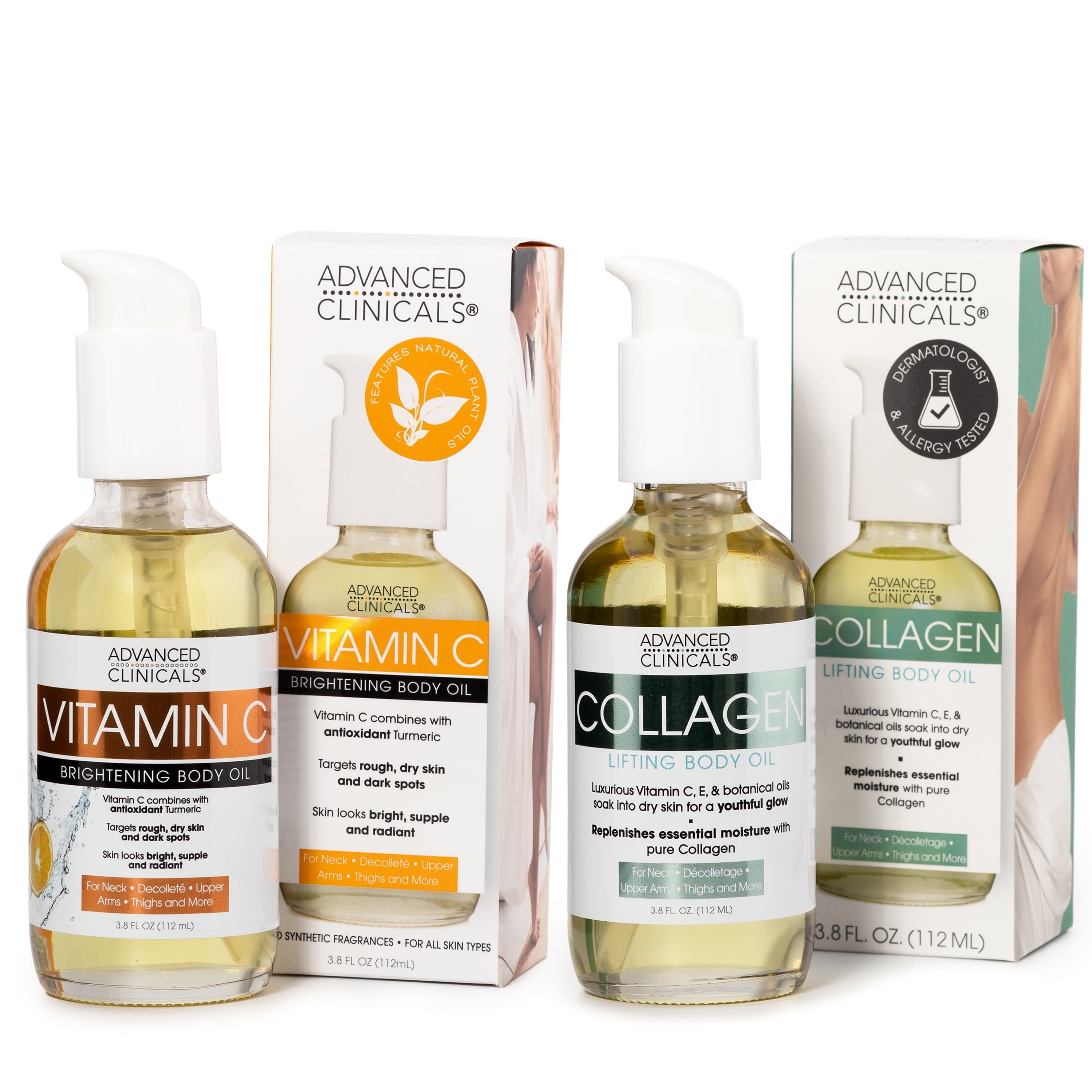 Advanced Clinicals Collagen & Vitamin C Body Oil 2PC Set, 3.8 Fl Oz