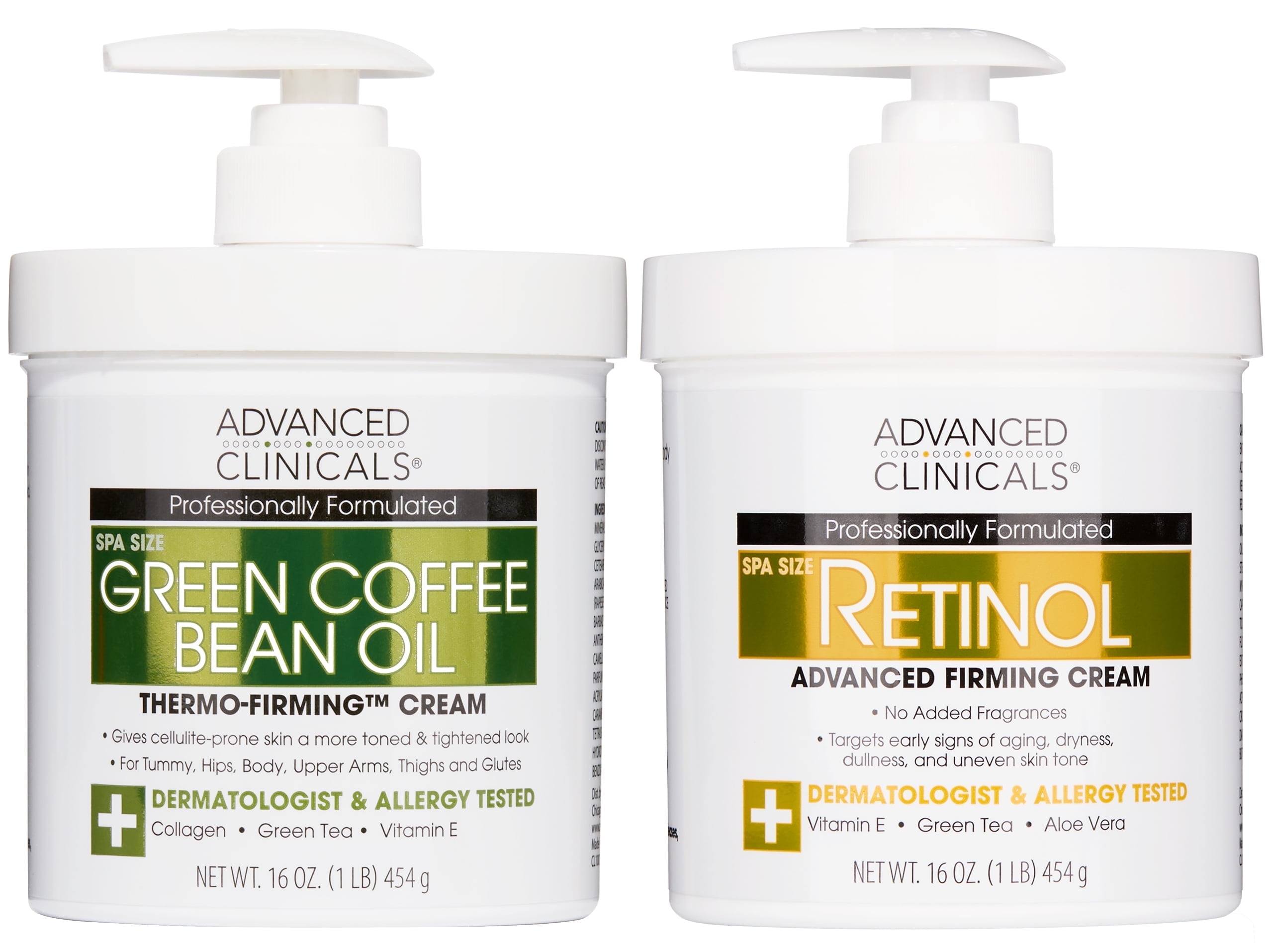 Advanced Clinicals Green Coffee Bean Body Cream and Firming Retinol Body Lotion. Two 16 fl oz