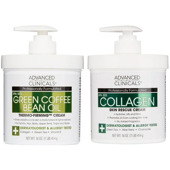Advanced Clinicals Green Coffee Bean Body Cream and Moisturizing Collagen Body Lotion. Two 16 fl oz