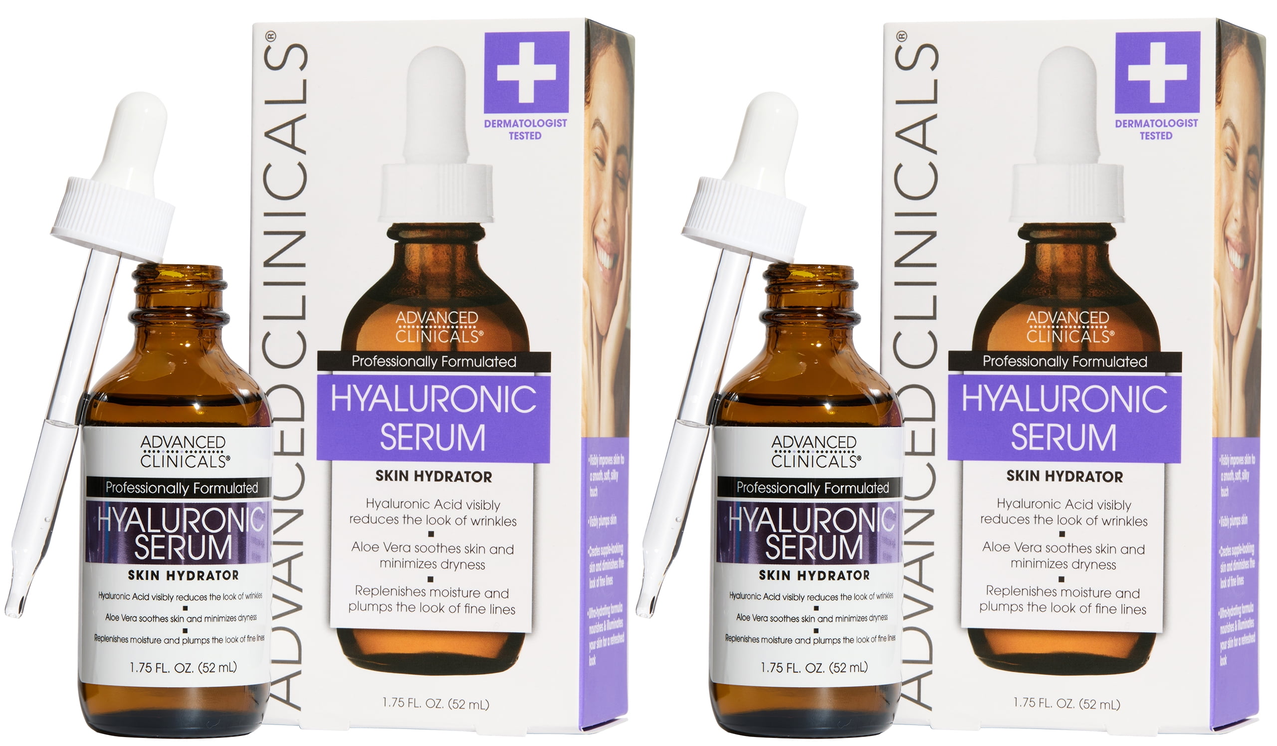 Advanced Clinicals Hyaluronic Acid Face Serum for Hydrating Dry Skin. Two 1.75 fl oz