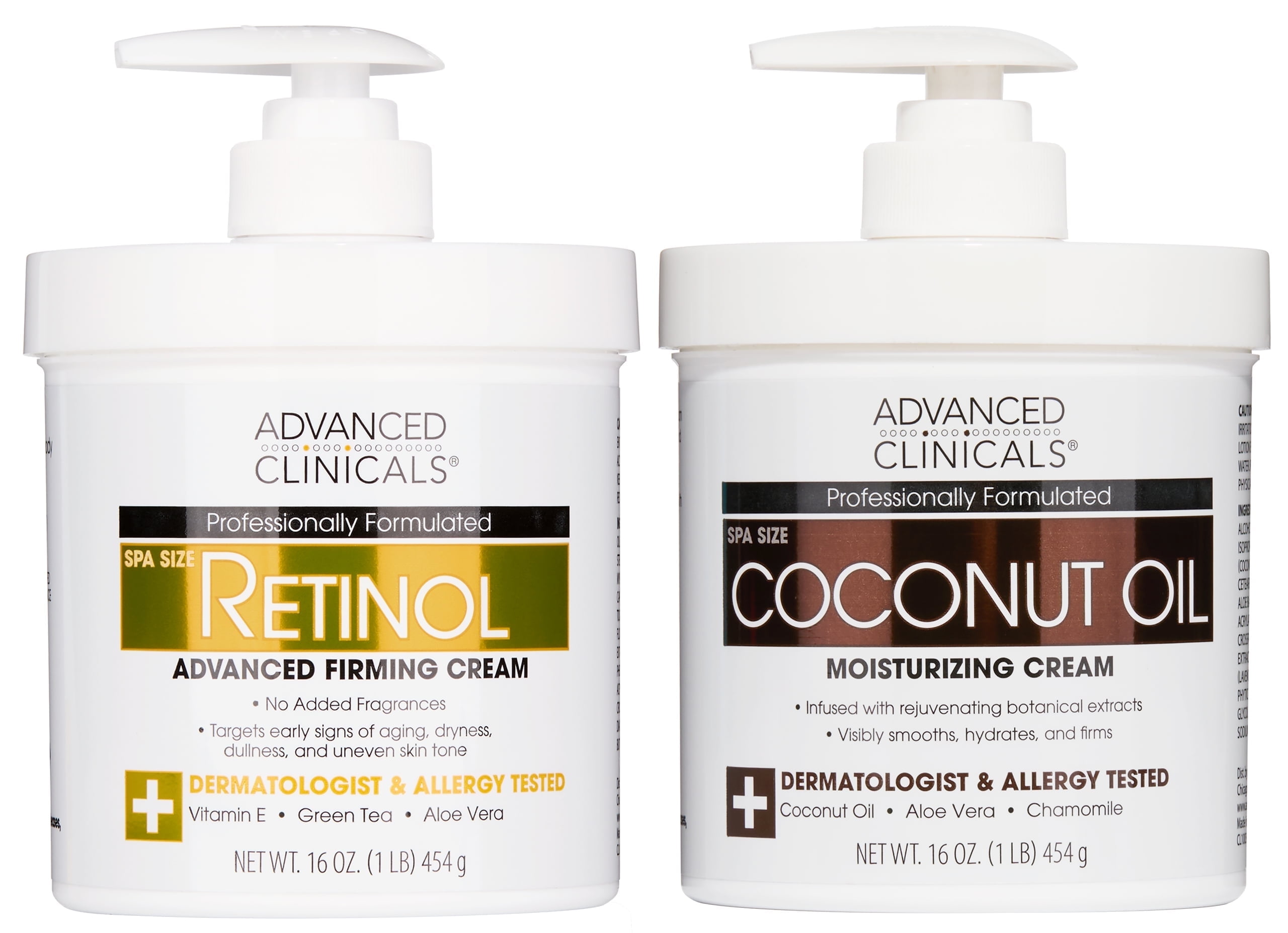 Advanced Clinicals Moisturizing Coconut Oil Body Cream + Anti Aging Retinol Body Cream. Set of Two 16 fl oz