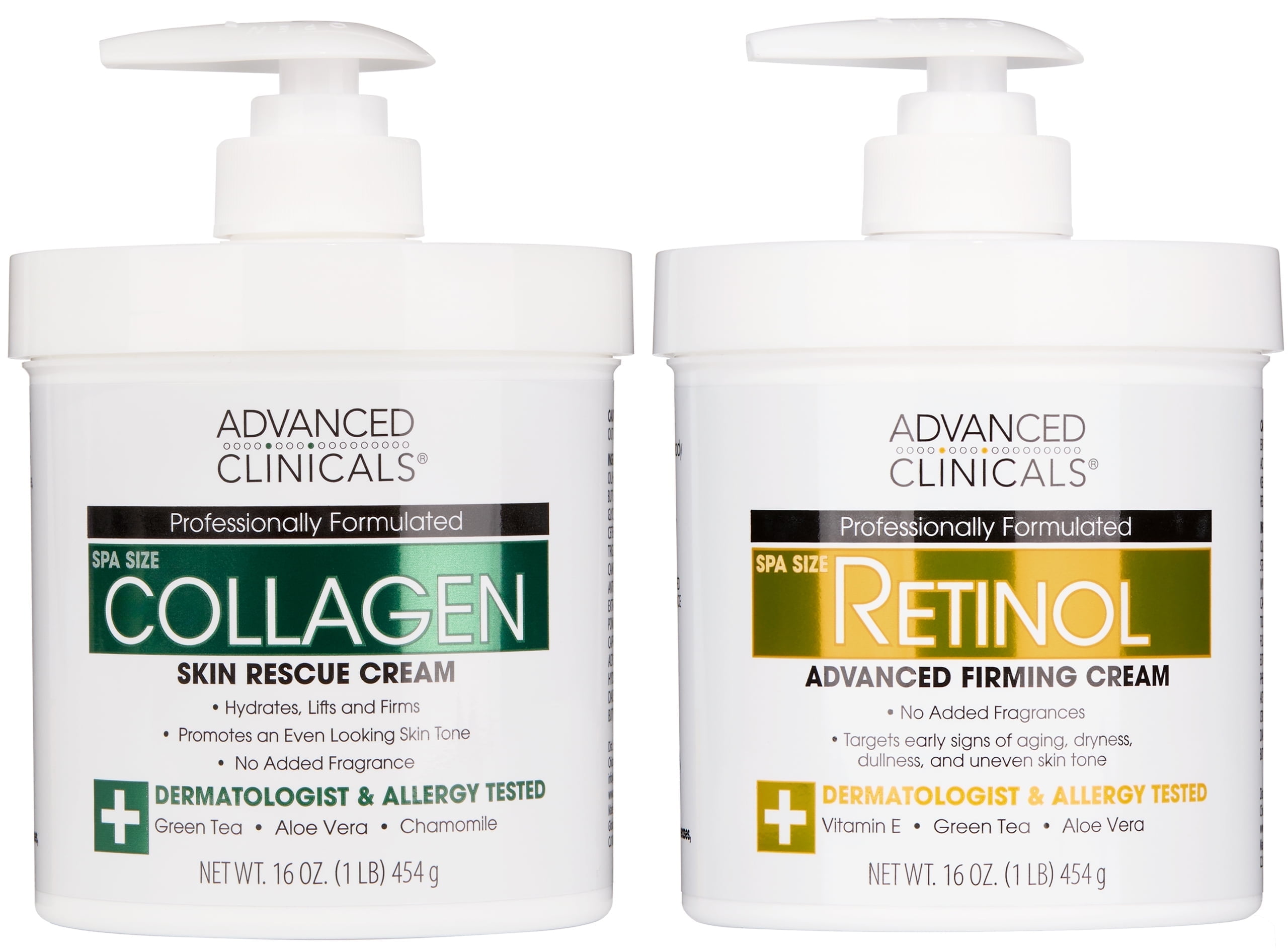Advanced Clinicals Moisturizing Collagen Body Lotion and Anti Aging Firming Retinol Body Cream Set. Two 16 fl oz