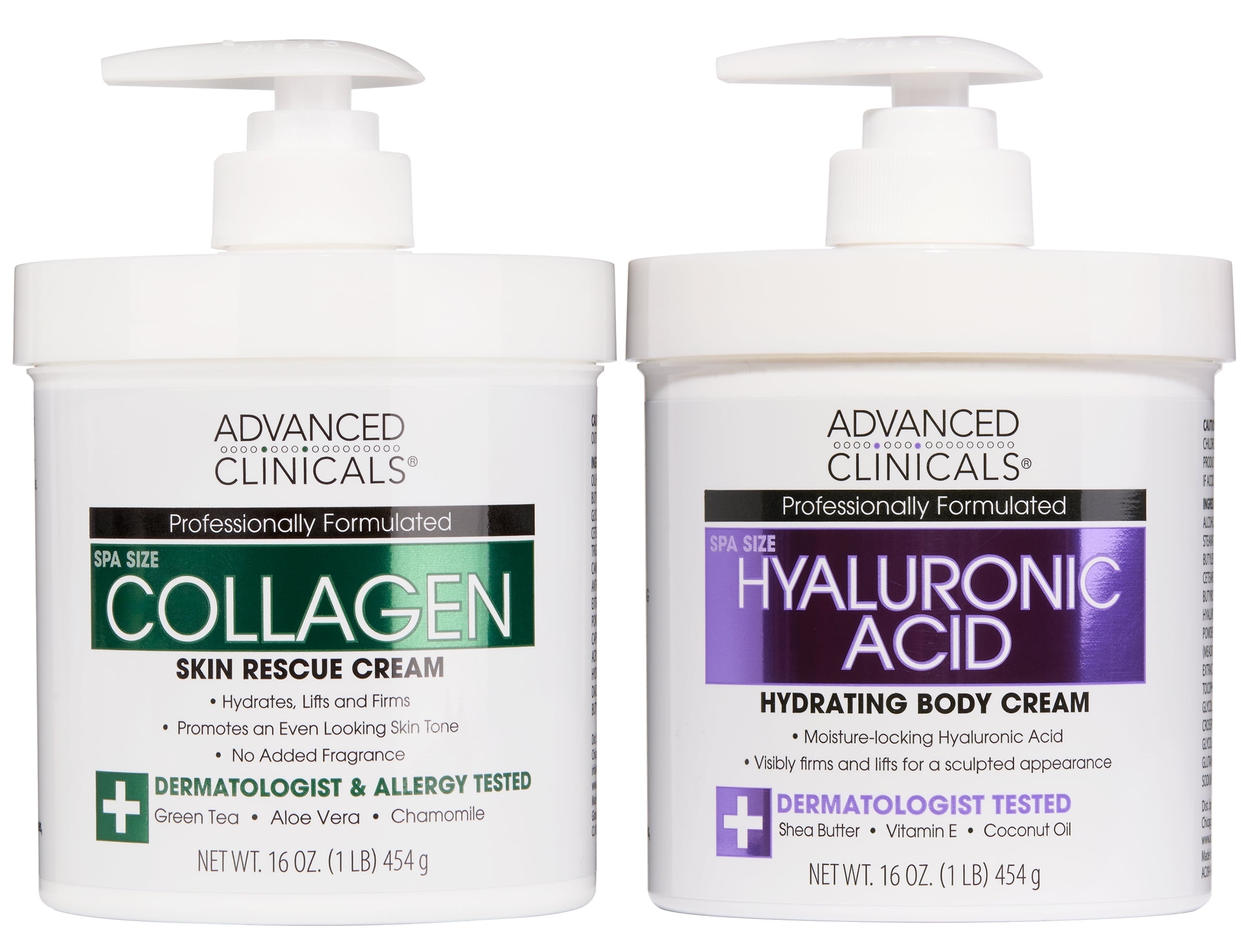 Advanced Clinicals Moisturizing Collagen Body Lotion and Hydrating Hyaluronic Acid Body Cream Bundle of Two 16 fl oz