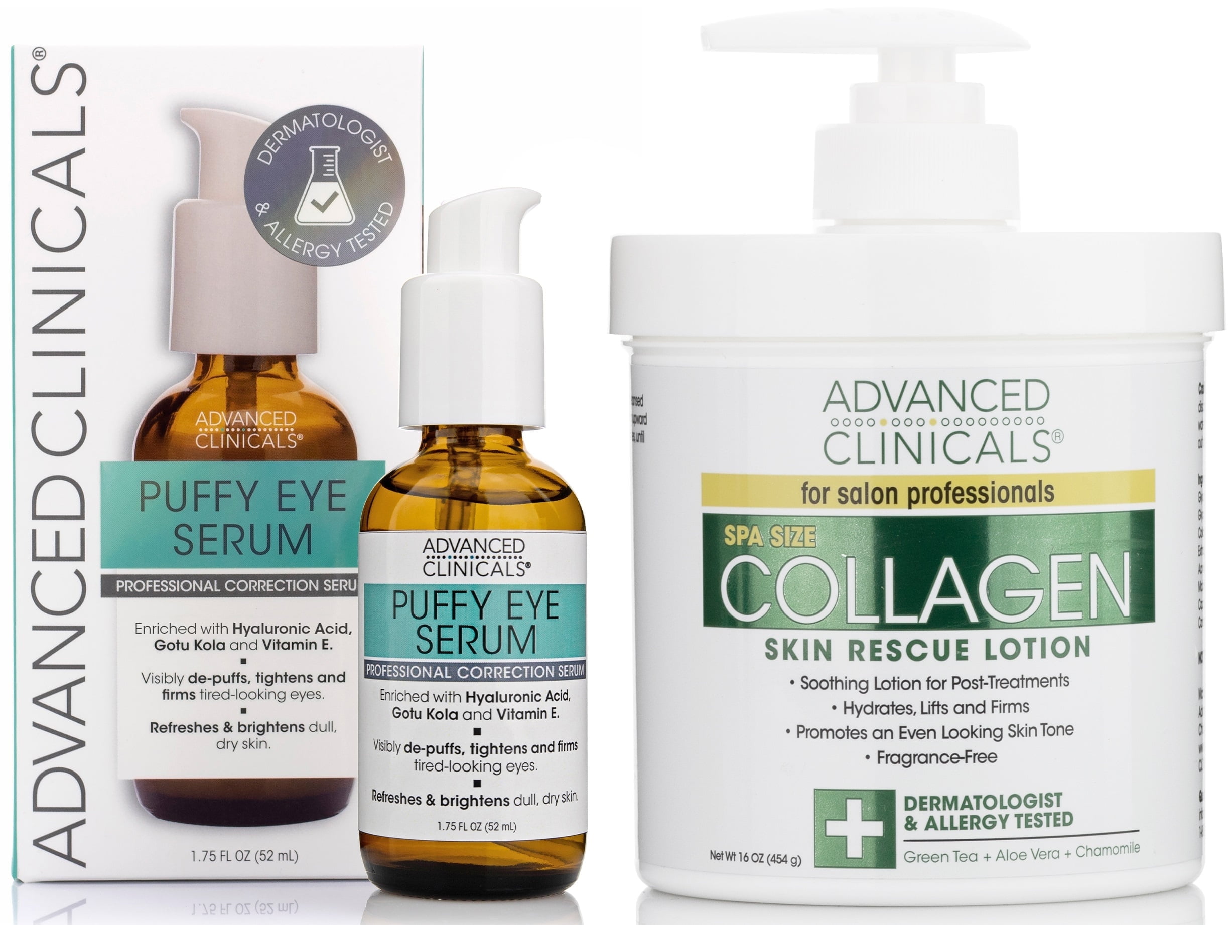 Advanced Clinicals Puffy Eye Serum + Firming Collagen Body Lotion. Set of Two.