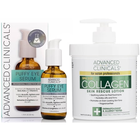 Advanced Clinicals Puffy Eye Serum + Firming Collagen Body Lotion. Set of Two.