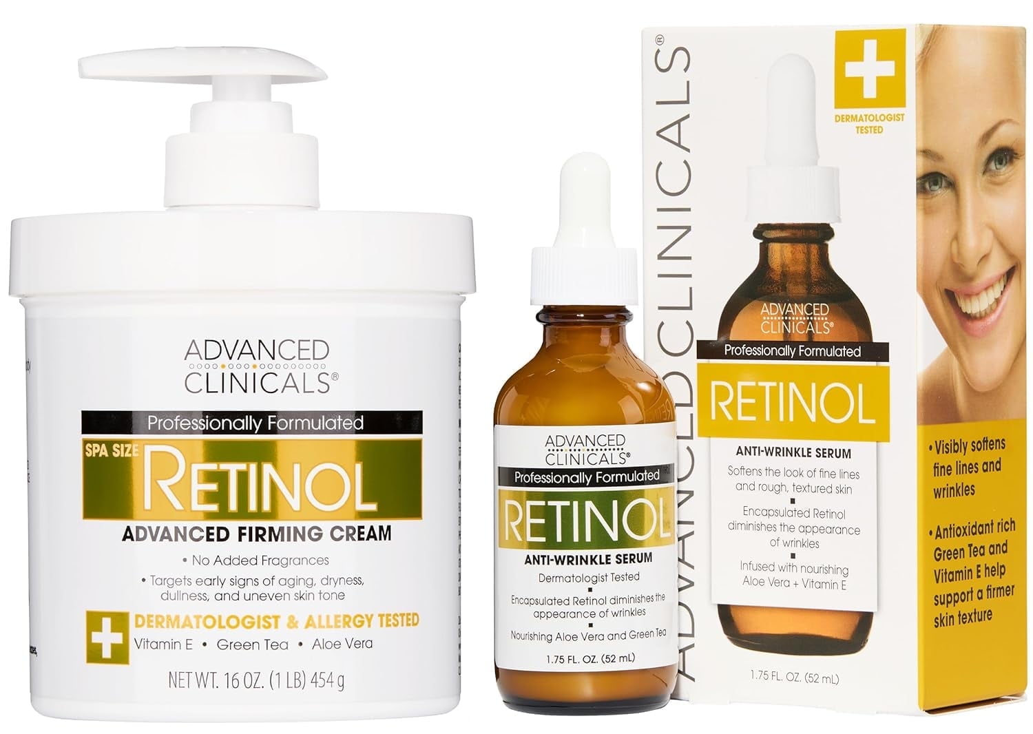 Advanced Clinicals Retinol Skin Care Set - Value Set of Anti Aging Body Cream and Face Serum