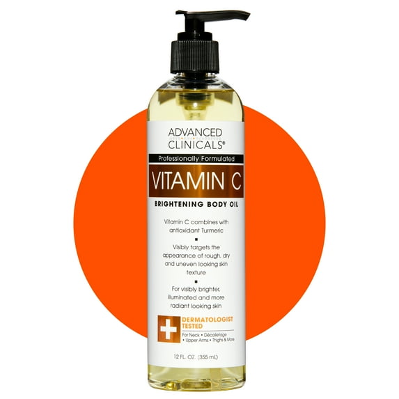 Advanced Clinicals Vitamin C Body Oil Skin Care Moisturizer W/ Vitamin E & Turmeric - Hydrating Body Oil To Improve Look Of Dark Spots & Dry Skin, 12 Fl Oz