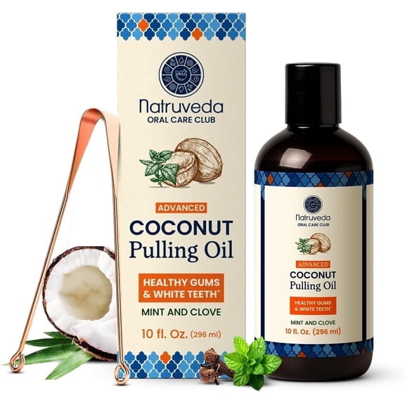 Natruveda Extra Virgin Coconut Oil Pulling for Teeth, Fresh Breath Mouthwash for Gums & Daily Oral Care, Mint, 10 fl oz