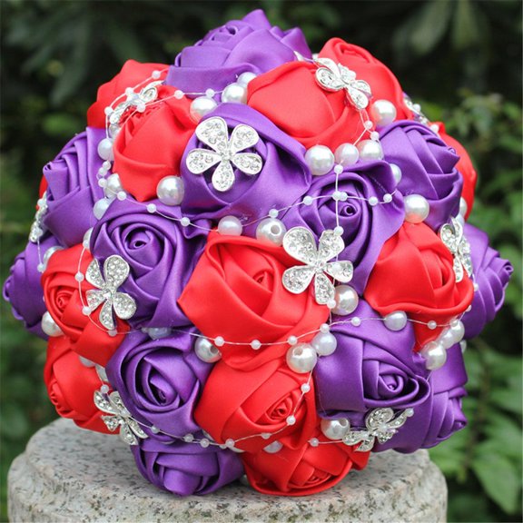 Advanced Customization Romantic Bride Wedding Holding Bouquet Roses with Diamond Pearl Ribbon Valentine's Day Bouquet Confession Many Colors for Choose 18cm (Purple+Black)