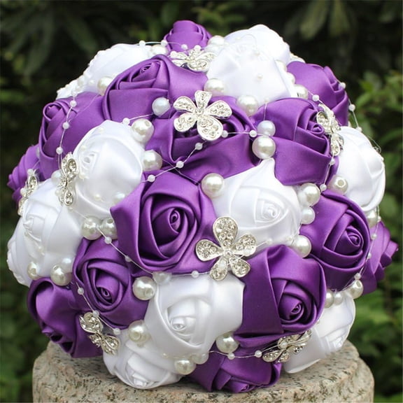Advanced Customization Romantic Bride Wedding Holding Bouquet Roses with Diamond Pearl Ribbon Valentine's Day Bouquet Confession Many Colors for Choose 18cm (Purple+White)