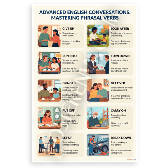 Advanced English Conversations Mastering Phrasal Verbs Educational 12x18 US Made Poster