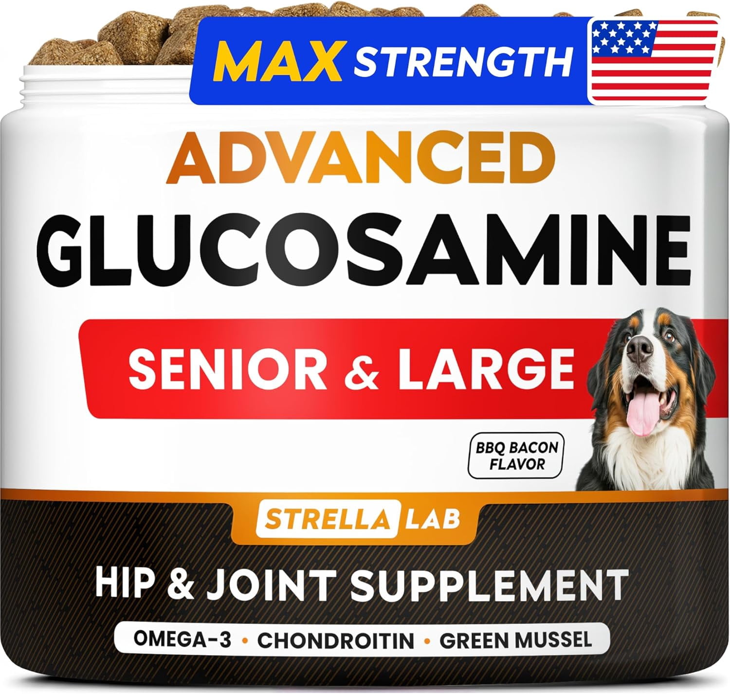 Advanced Glucosamine Chondroitin Joint Supplement for Dogs - Hip & Joint Pain Relief Pills - Green Lipped Mussel & Collagen - Large & Small Breed - Senior Dogs Joint Health - Bacon Flavor - 120Ct