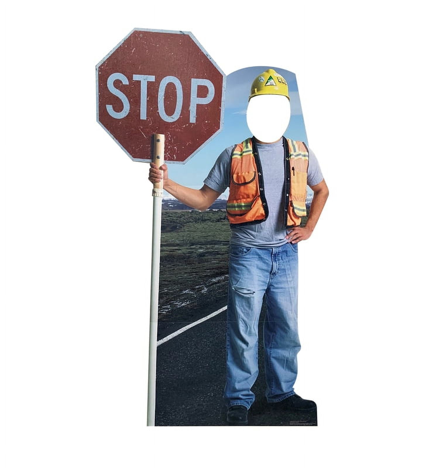 Life-Size Construction Worker Cardboard Stand-Up with Stop Sign